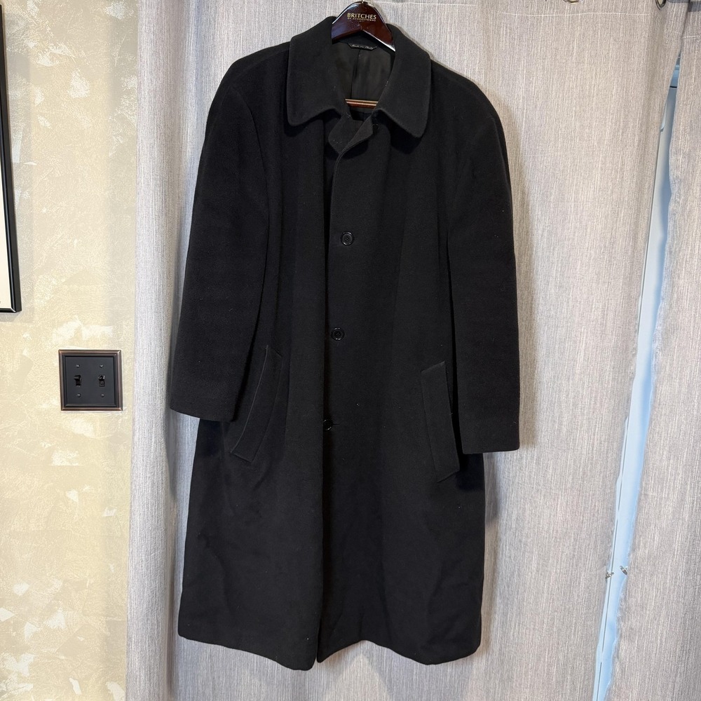 Canali Coat Mens 46 Black Wool Overcoat Made In Italy Long Lined Bernini